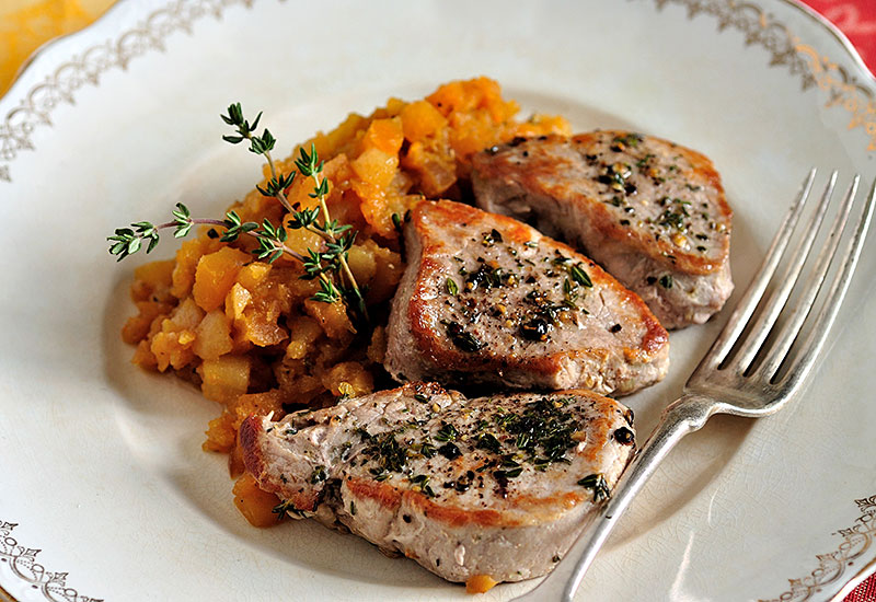 Thyme Dusted Pork Medallions with Pear and Rutabaga Mash