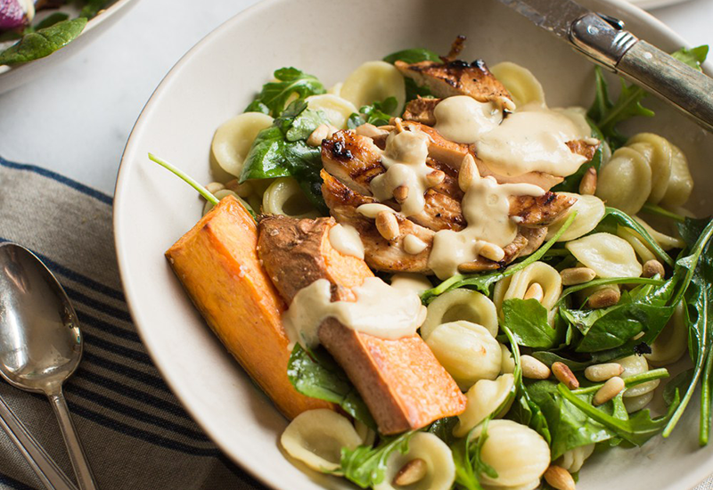 Roasted Sweet Potato, Red Onions and Lemon Hummus