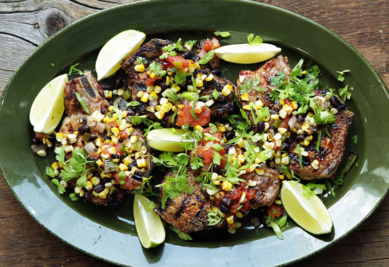 Grilled Double Thick Cut Pork Chops with Hatch Chile and Corn Salsa