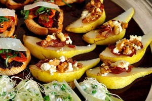 Pear Crostini with Crispy Prosciutto, Walnuts and Feta