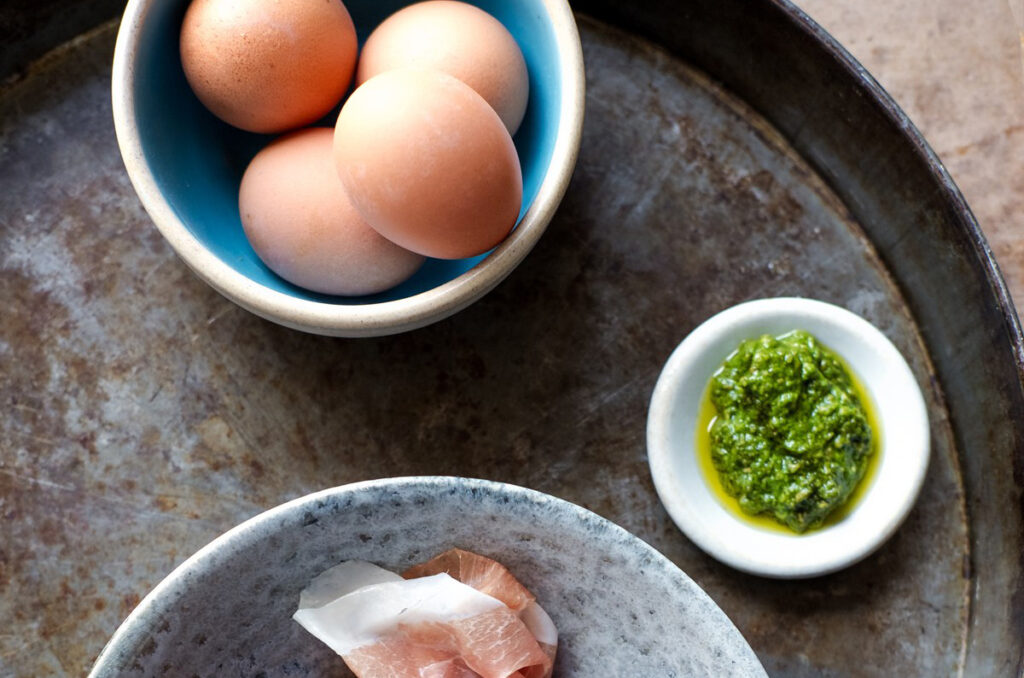 Eggs, Prosciutto, and Pesto
