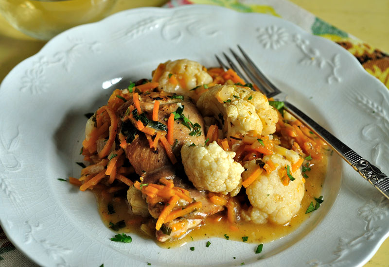 Chicken Fricassee with Cauliflower, Squash and Lemon Artichoke Sauce