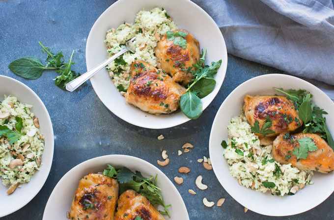 Bowls of Apricot Chicken with Cashew Cauliflower Rice