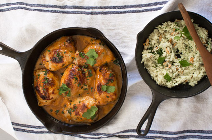 Pans of Apricot Chicken with Cashew Cauliflower Rice