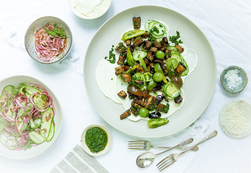 Fried Eggplant, Tomato and Cucumber Salad