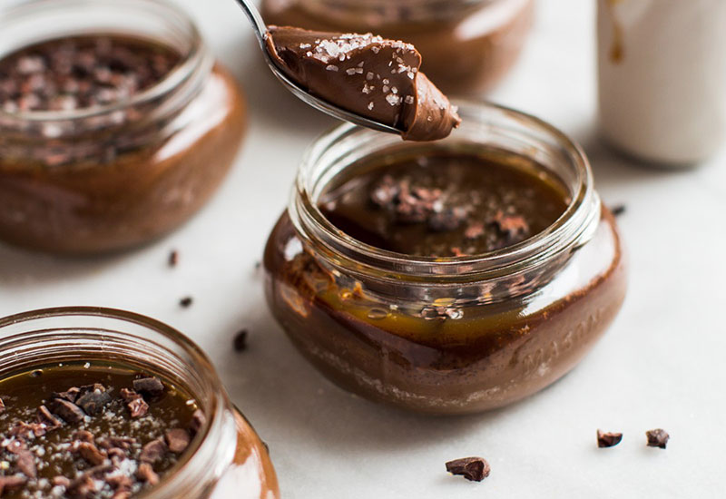 Chocolate Budino with Caramel and Cocoa Nibs