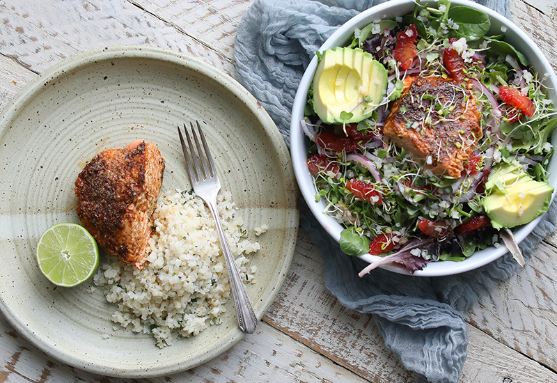 Salmon with Cauliflower Rice and Spicy Salmon Salad