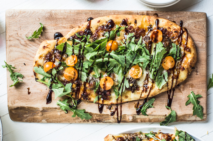 Bacon Jam Cheeseburger Pizza on Cutting Board