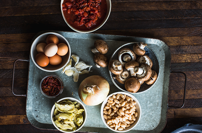 Meatless White Bean Skillet Ingredients in Bowls 