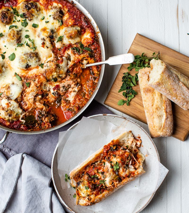 Meatball Mozarella Pan Bake with Bread