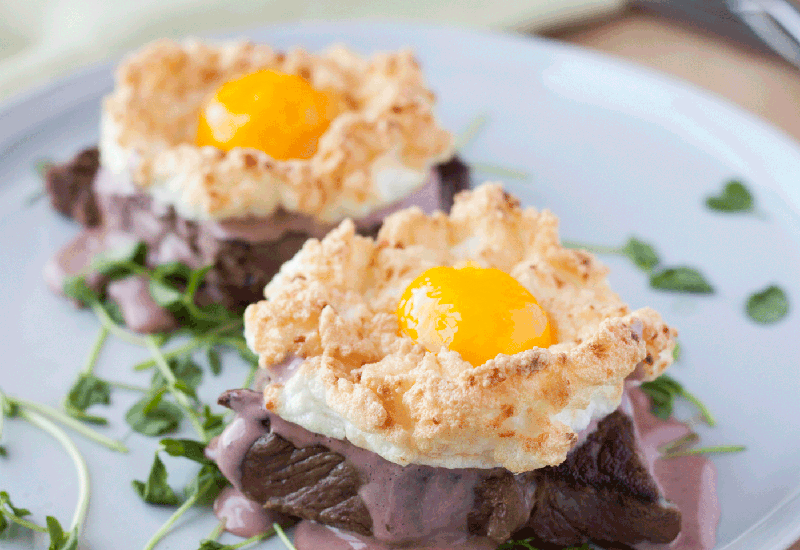 Ribeye Cloud Eggs Benedict with Red Wine Hollandaise