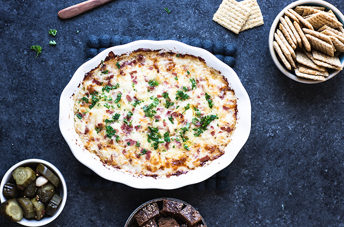 Corned Beef Reuben Dip with Chips and Pickles