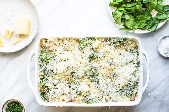 Ham Strata Assembled and Unbaked in Dish