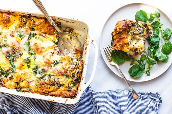 Easter Ham Strata Sliced with Greens 