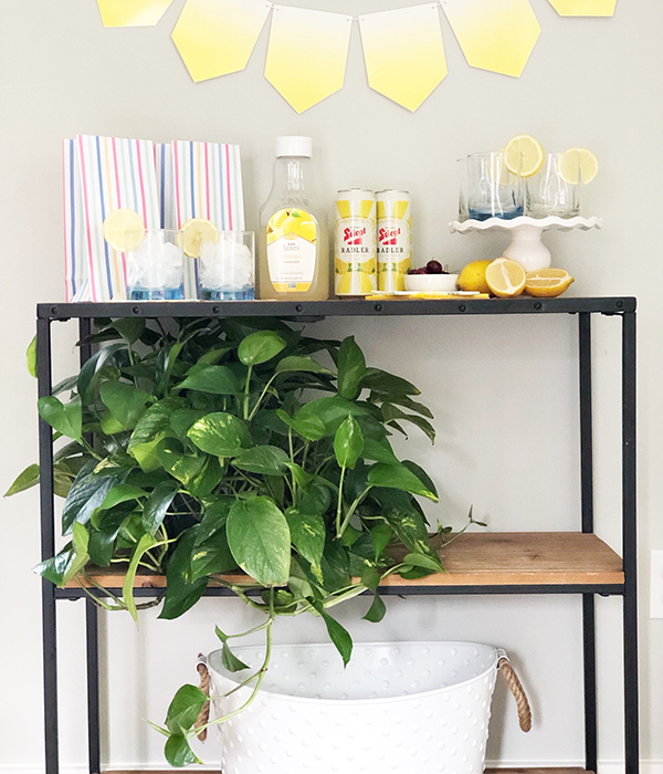 A shelving unit with a green plant on the middle shelf, and Heinen's fresh squeezed lemonade and glasses filled with ice on the top shelf.