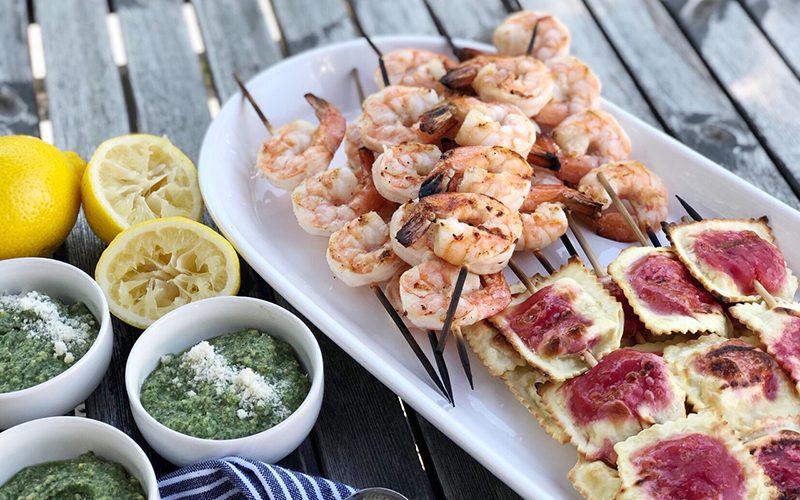 Grilled Shrimp, Ravioli & Pesto