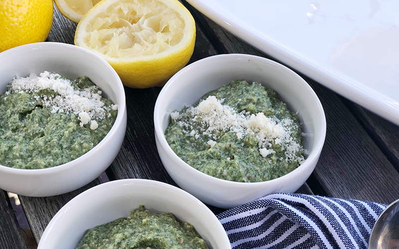 Grilled Shrimp, Ravioli & Pesto