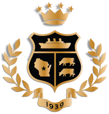 Satori family crest featuring a steamer ship at the top, the state of Wisconsin at the bottom left, two cows at the bottom right, and the year 1939 at the bottom.