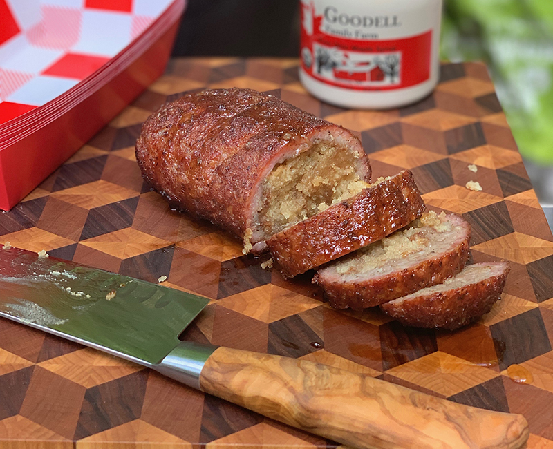 Sliced loaf of breakfast sausage stuffed with cinnamon crumb cake.