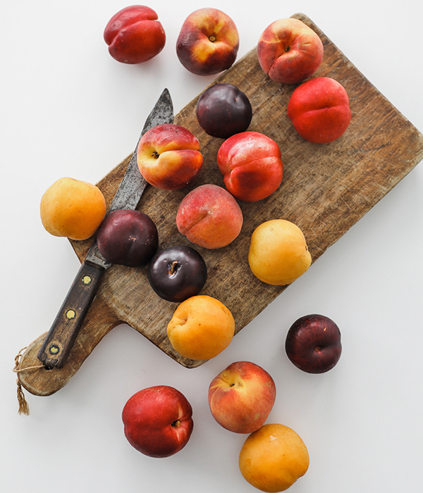 Peaches, nectarines, plums, and apricots on a cutting board with a knife.