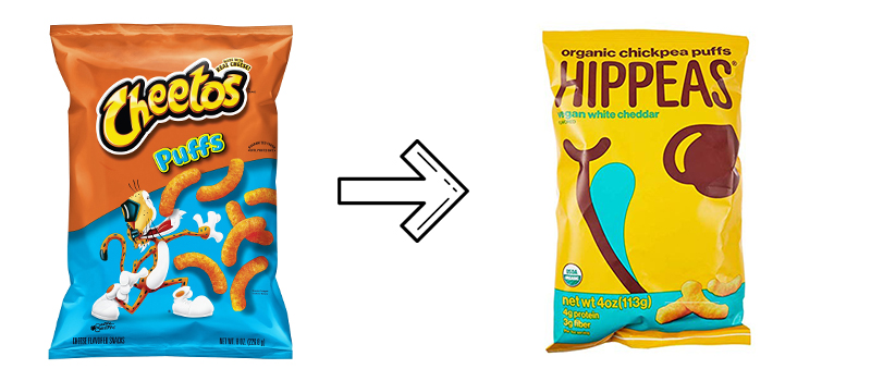 Bag of Cheetos with an arrow pointing to a bag of Hippeas Organic Chickpea Puffs.