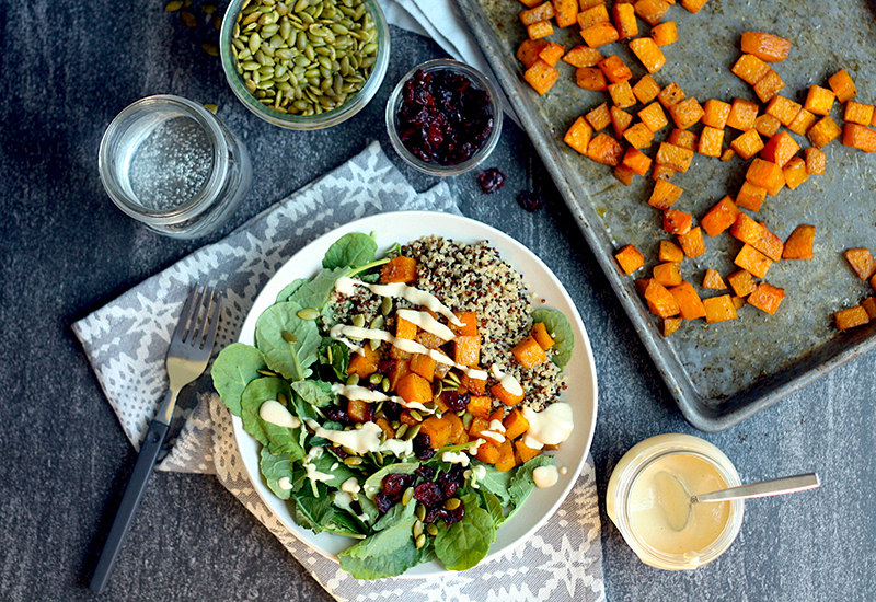 Roasted Butternut Squash and Quinoa Bowls with Maple-Tahini Dressing