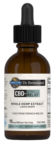 Garden of Life CBD and stress relief liquid drops container.