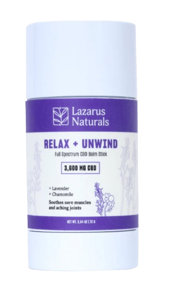 Container of Lazarus Naturals relax and unwind CBD balm.