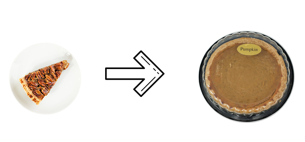 Slice of pecan pie on a plate next to an arrow pointing at a pumpkin pie.