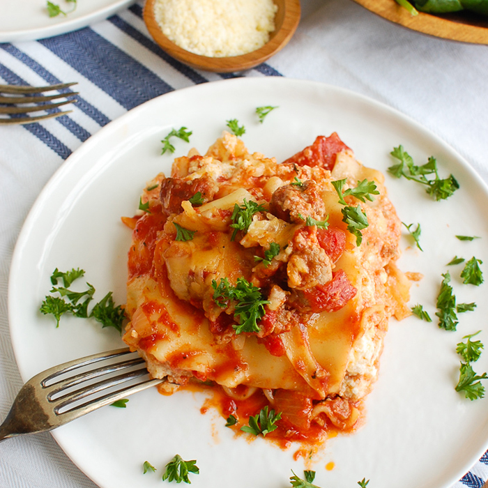 Slice of Slow Cooker Lasagna on Plate
