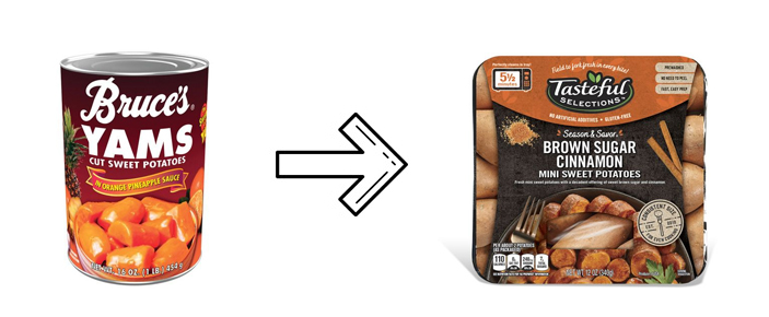 Bruce's canned yams with an arrow pointing to Tasteful brown sugar cinnamon mini sweet potatoes.
