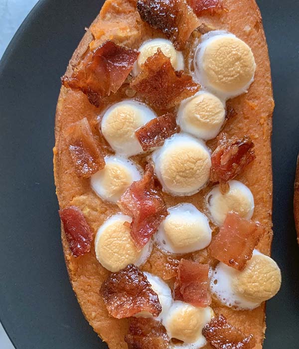 Single Twice Baked Sweet Potatoes with Candied Bacon and Marshmallows