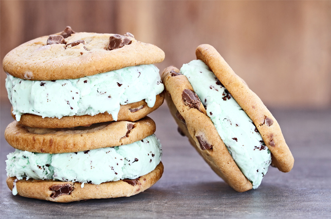 Chocolate chip cookie sandwich with mint chocolate chip ice cream.