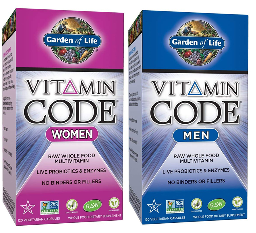 Two Garden of Life multivitamin boxes, one for women and one for men.