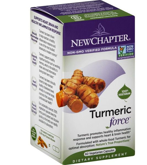 Purple and green, 60-count box of New Chapter turmeric capsules.