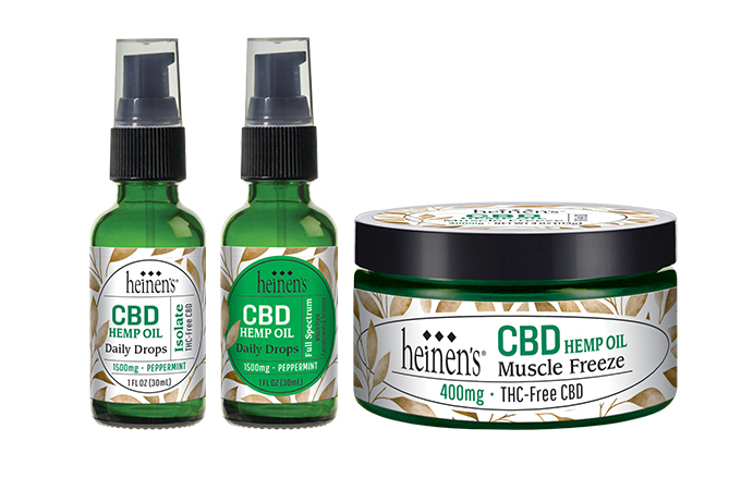 Heinen's CBD products including spray CBD hemp oils and CBD hemp oil muscle freeze cream.