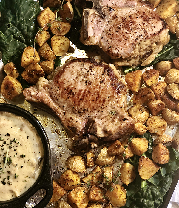 Stuffed Pork Chops and Brava Potatoes on Sheet Pan
