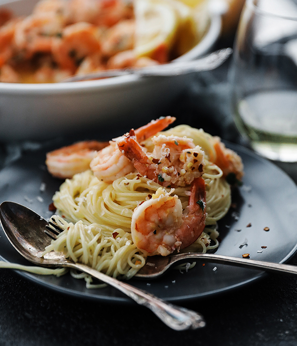 Lemon Shrimp Scampi with Pasta on Plate