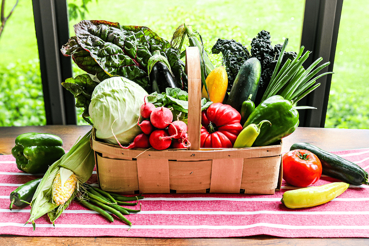 A Basket of Fresh Vegetables on a Table with a Red and White Striped Runner
