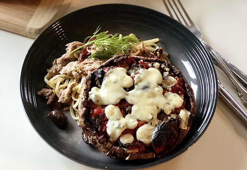 Stuffed Portobello Mushroom Caps with Tuna Puttanesca Pasta