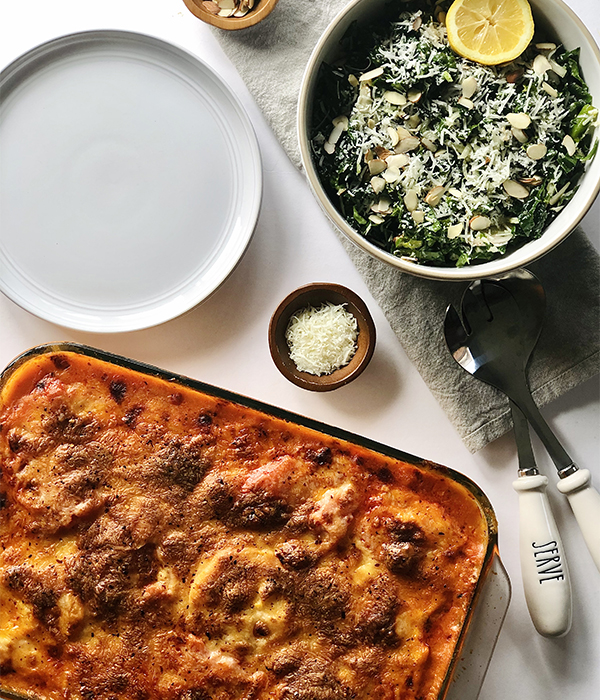 Frozen Ravioli Lasagna with Kale Pecorino Salad