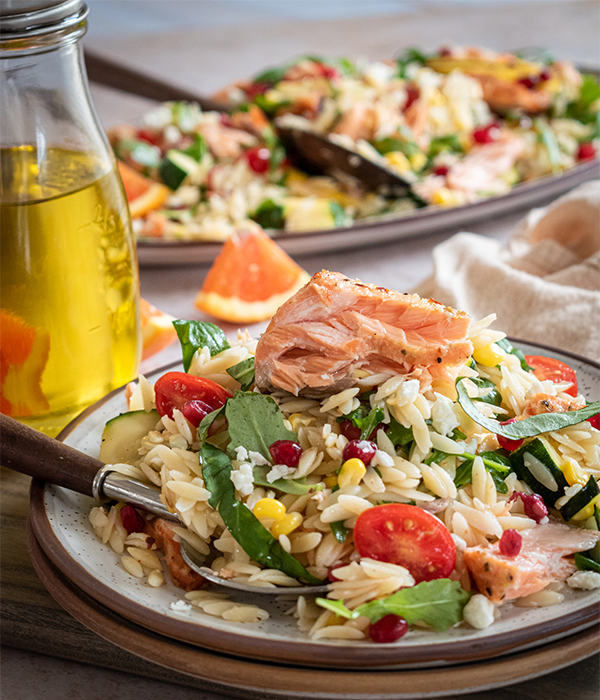 Grilled Mango Orzo Salad with Orange Ginger Salmon
