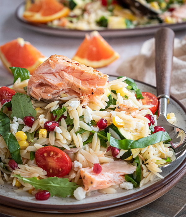 Grilled Mango Orzo Salad with Orange Ginger Salmon