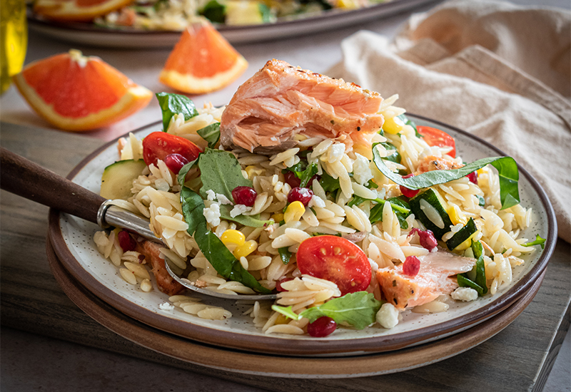 Grilled Mango Orzo Salad with Orange Ginger Salmon