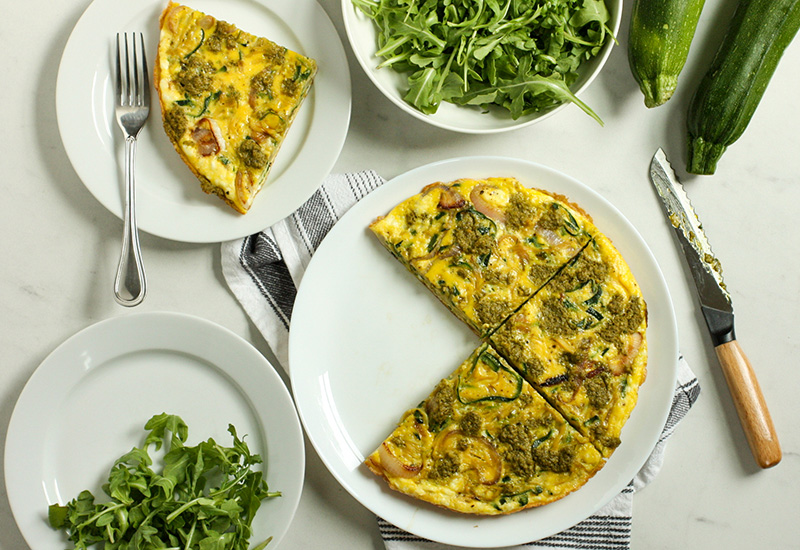 Spiralized Zucchini Frittata with Goat Cheese and Pesto