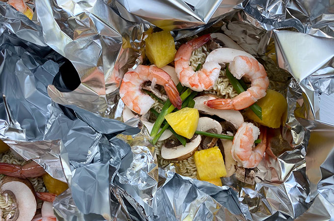 Hawaiian Shrimp and Ramen Campfire Packets