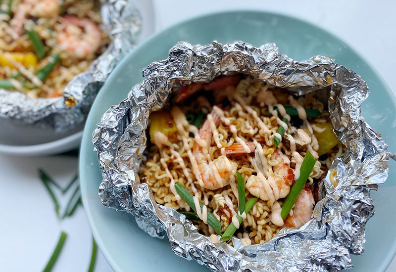 Hawaiian Shrimp and Ramen Campfire Packets