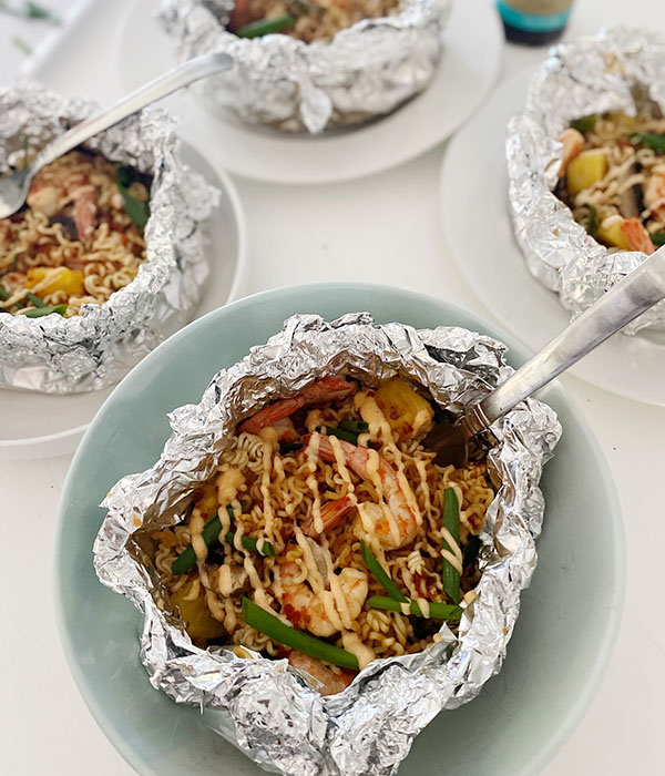 Hawaiian Shrimp and Ramen Campfire Packets