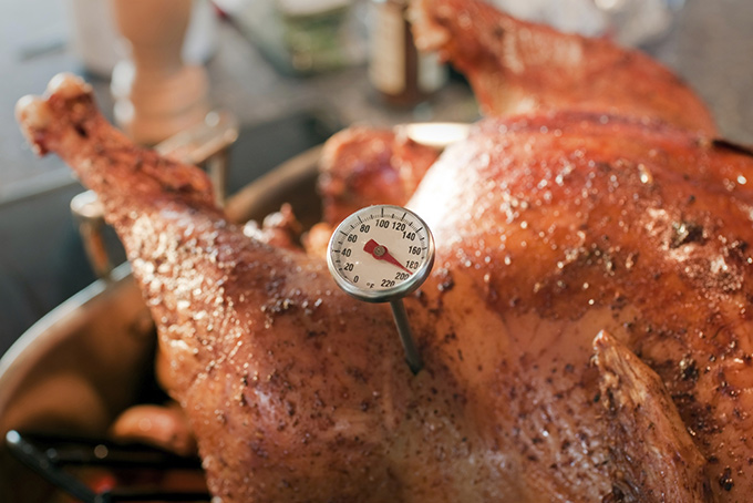 View of an instant read thermometer in a whole, cooked chicken.