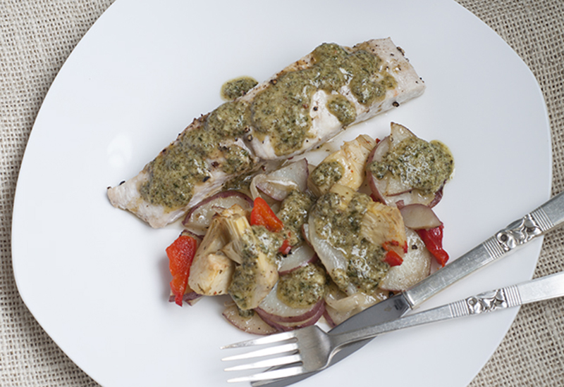 Mahi Mahi with Artichokes, New Potatoes and Pesto Drizzle